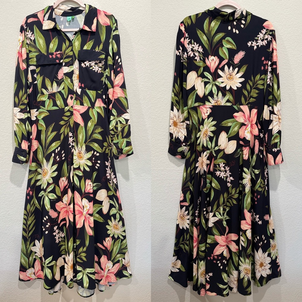 Farm Rio Floral Long Sleeve Maxi Dress Large Black Green Collar Pockets Buttons